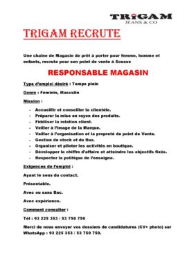 TRIGAM recrute Responsable Magasin